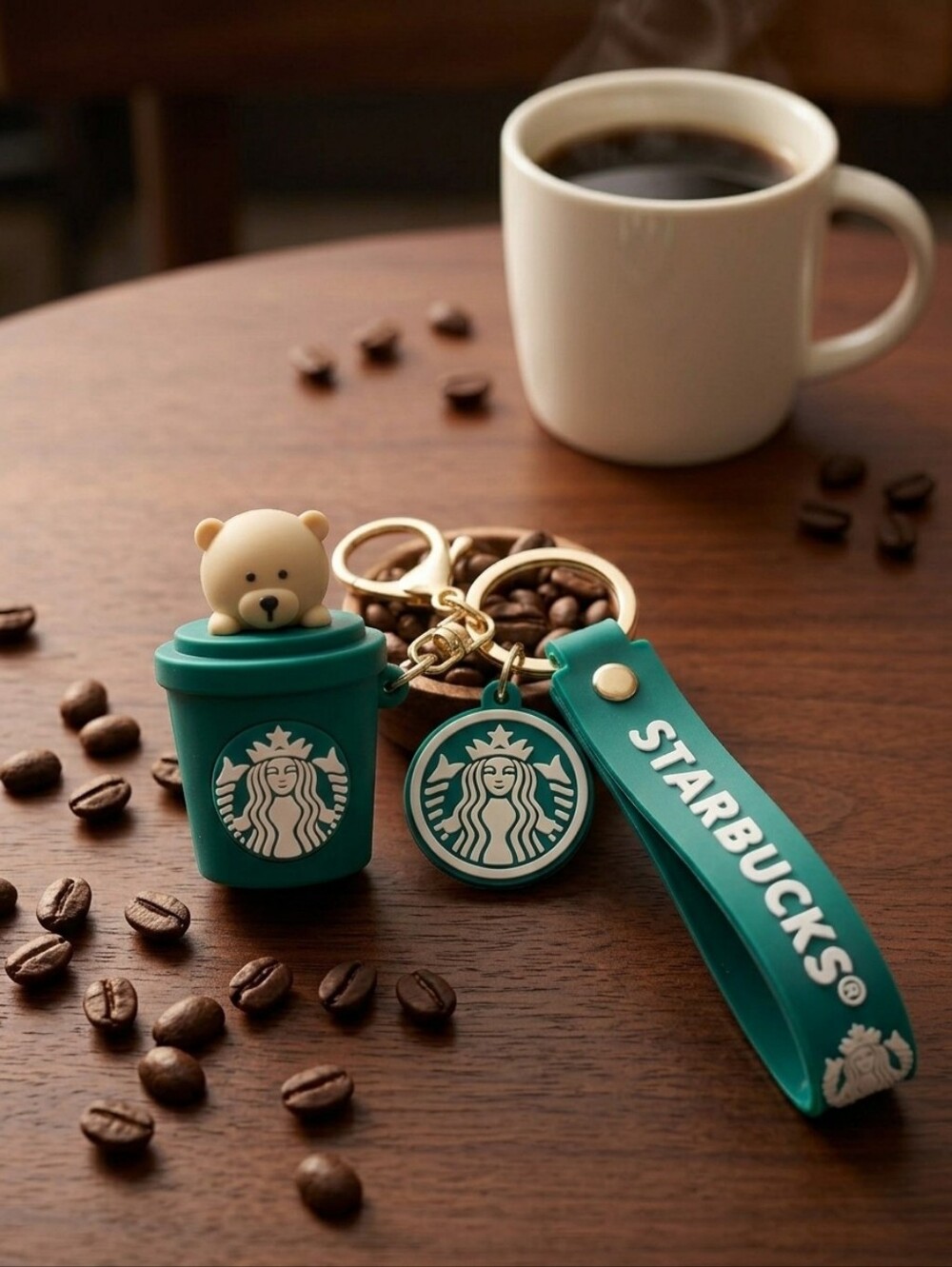 Starbucks Green Keychain with Bear Cup Charm and Logo Strap